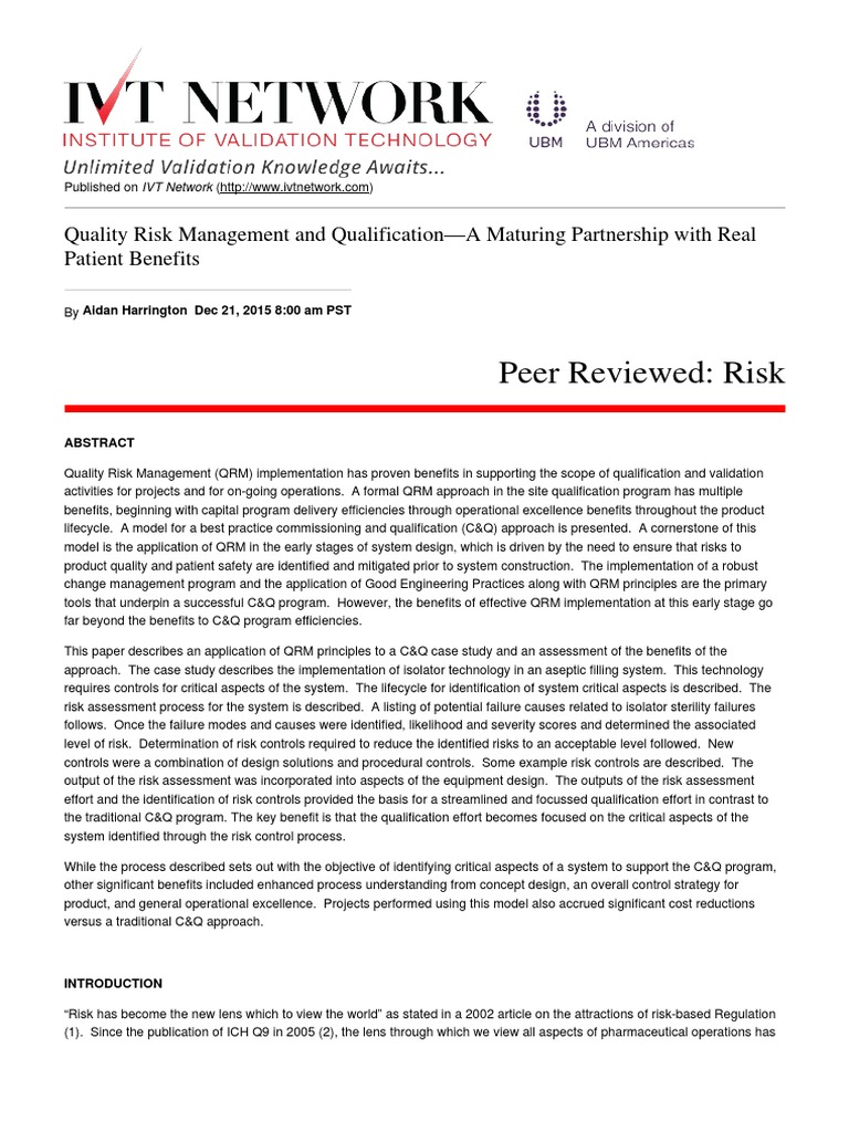 IVT Network Quality Risk Management and QualificationA Maturing Partnership With Real Patient