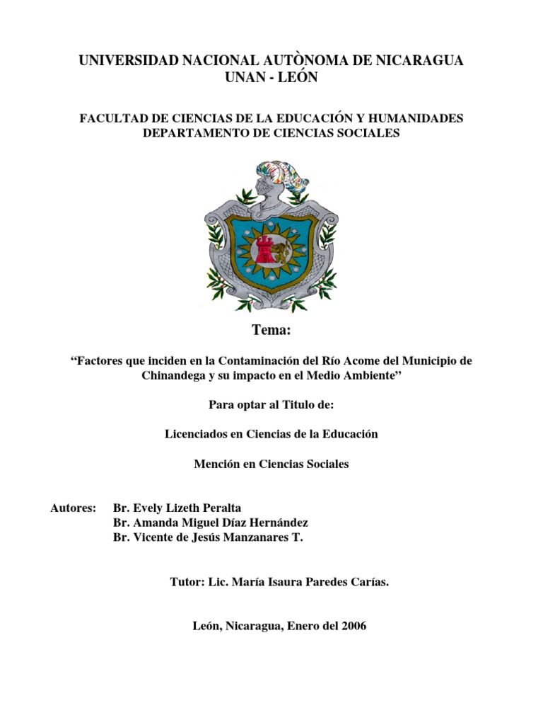 Tesis Rio Acome Nicaragua | PDF | La contaminación del agua | Río