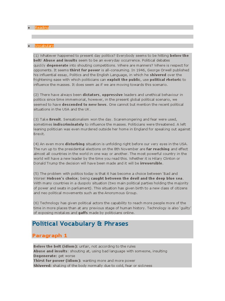Political Vocabulary & Phrases: Paragraph 1 | PDF | Languages