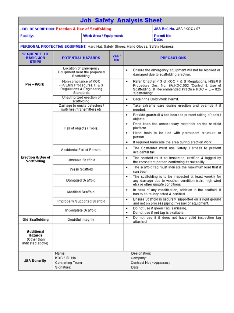 Job Safety Analysis Sheet: Erection & Use of Scaffolding | PDF ...