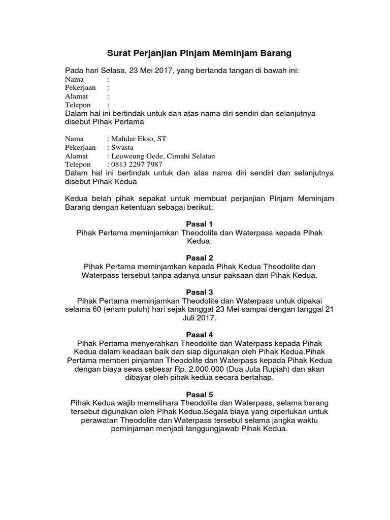 Surat perjanjian peminjaman barang Kumpulan Contoh Surat Jaminan Peminjaman Barang yang Baik 2019.