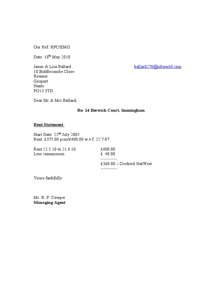 Rent Statement for Berwick Court | PDF