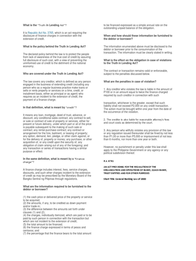 Truth in Lending Act Reviewer | PDF | Truth In Lending Act | Credit
