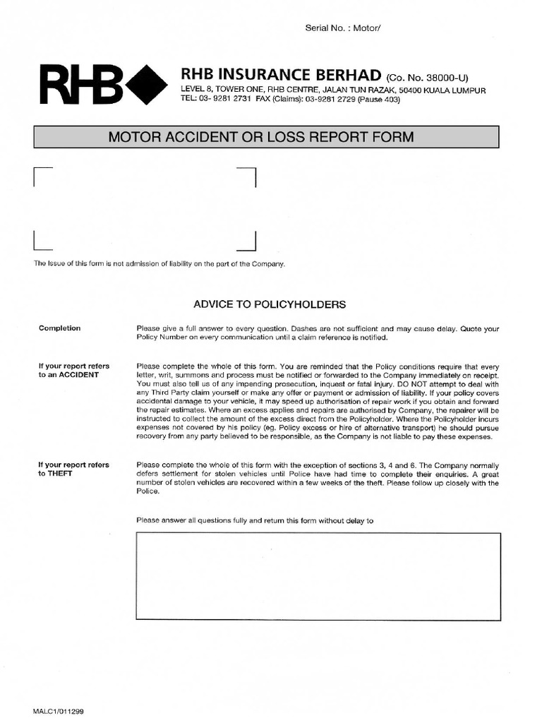 Motor Accident Loss Claim Form Checklist Pdf Financial Risk Insurance
