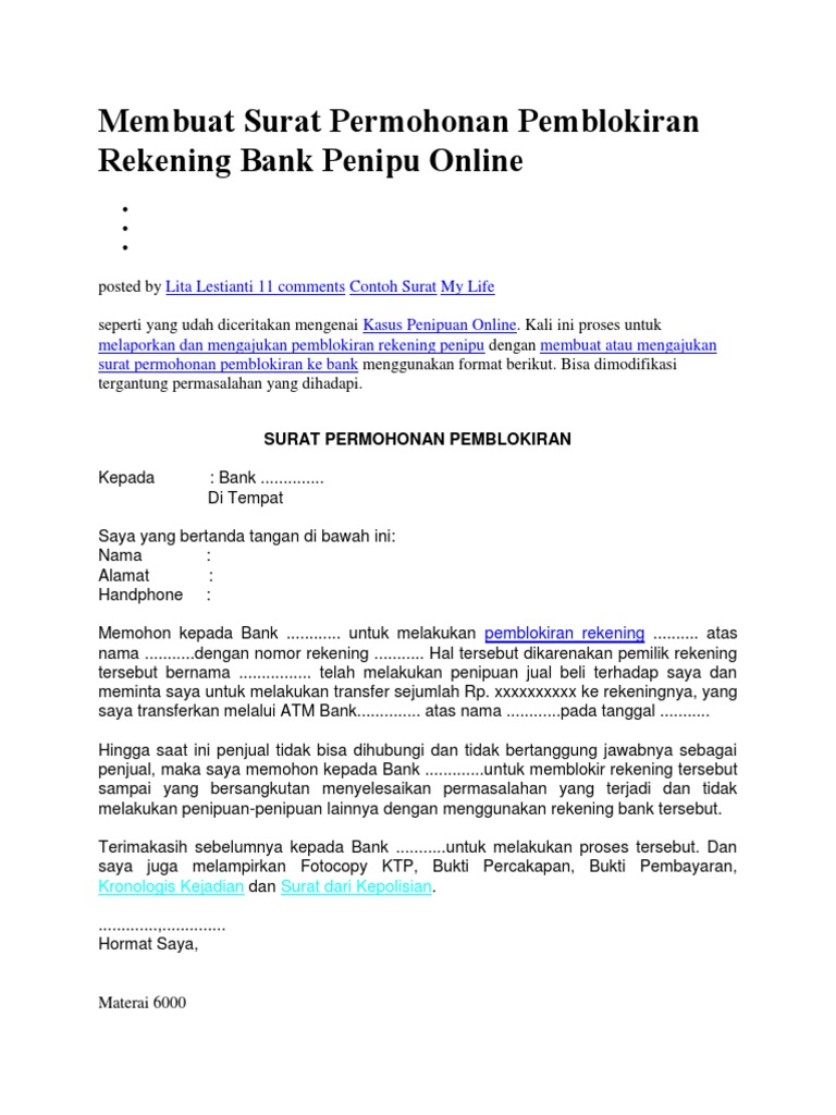 Membuat Surat Permohonan Pemblokiran Rekening Bank Penipu Online