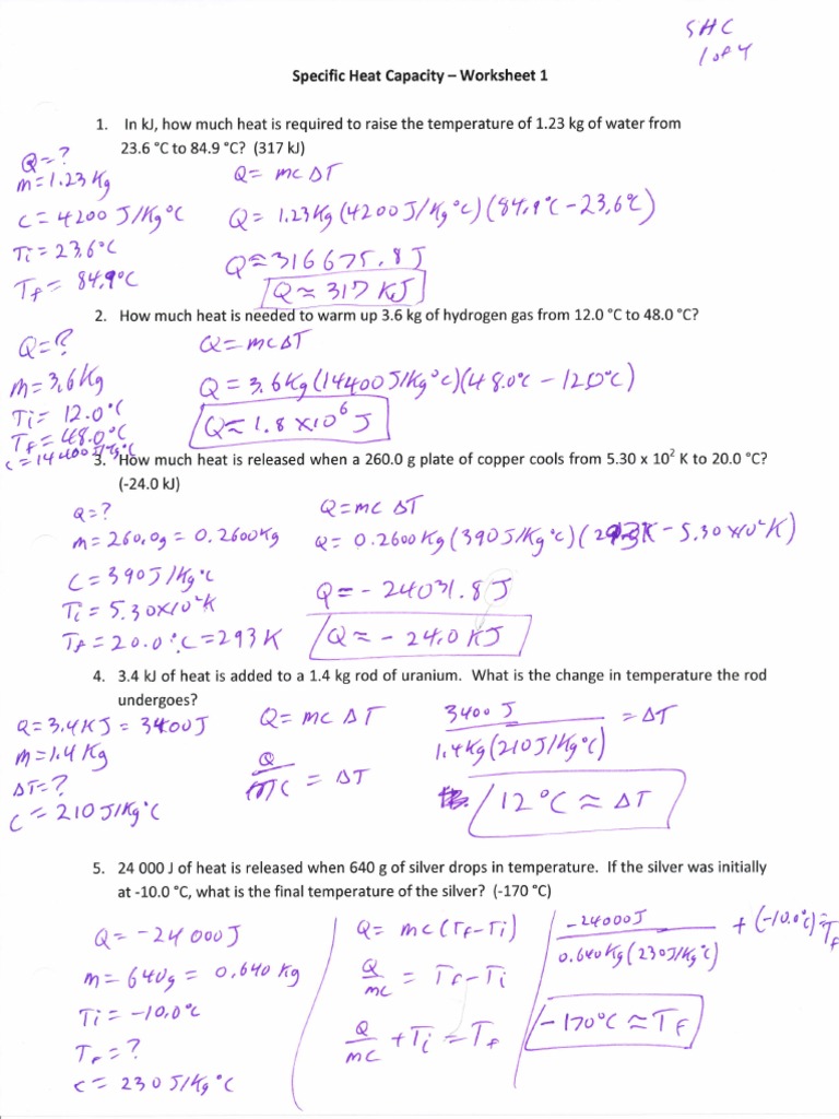 Specific Heat Capacity Worksheet Key Thermodynamic Properties Physical Chemistry
