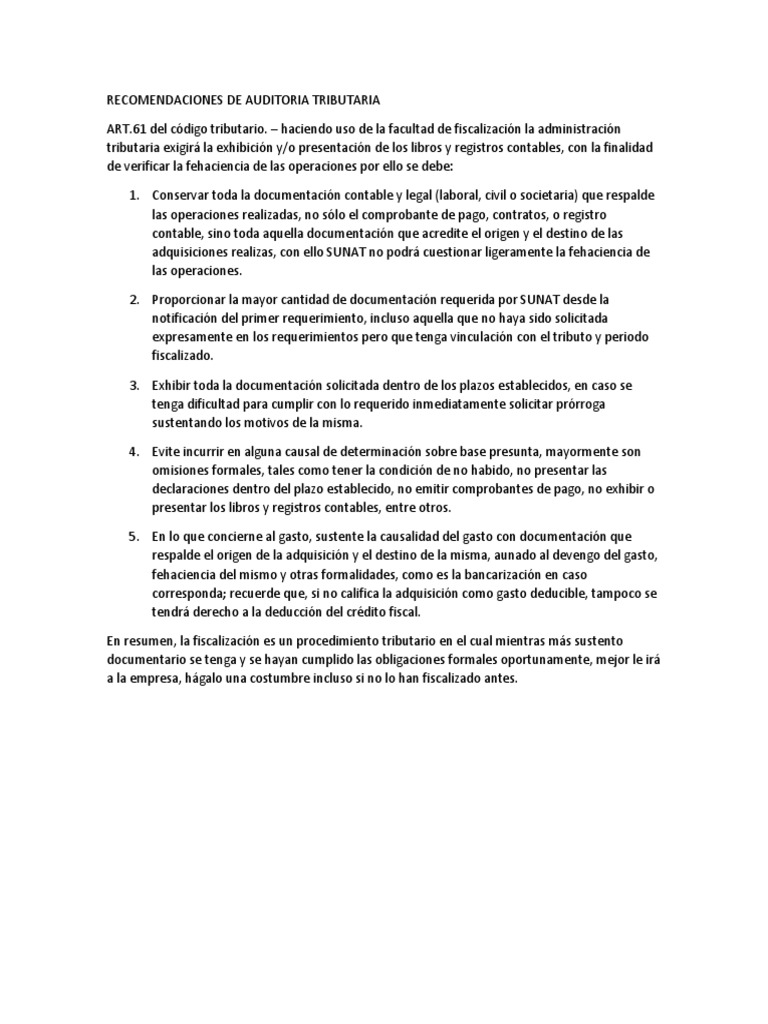 Recomendaciones para Auditoría Tributaria | PDF | Finanzas y dinero