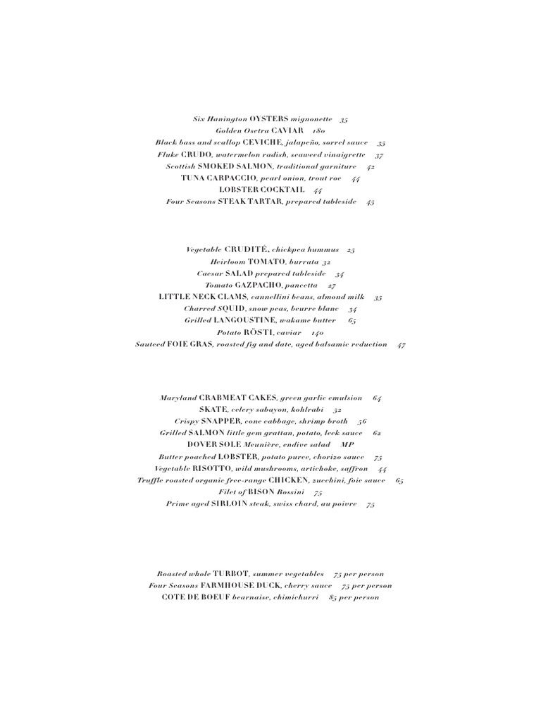 Four Seasons Restaurant Dinner Menu | PDF | Food And Drink | Food And ...