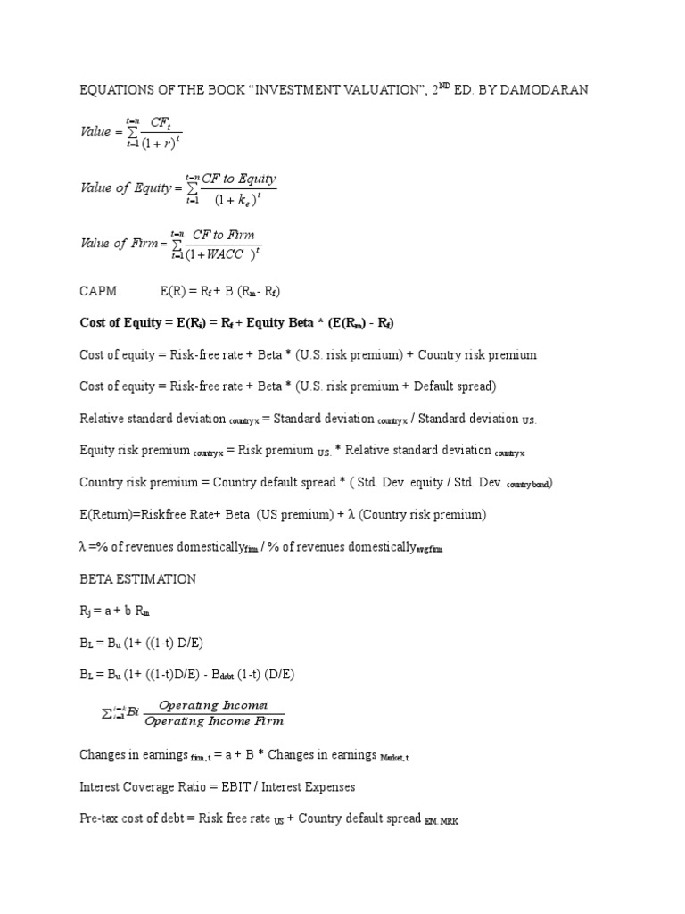 Investment Valuation Equations by Damodaran | PDF | Cost Of Capital ...