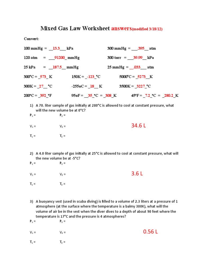 Mixed Gas Law Worksheet Answer  PDF  Pressure  Scuba Diving Inside Ideal Gas Laws Worksheet