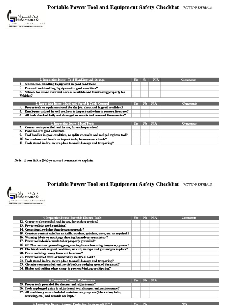 Portable Power Tool Safety Checklist PDF Tools Personal