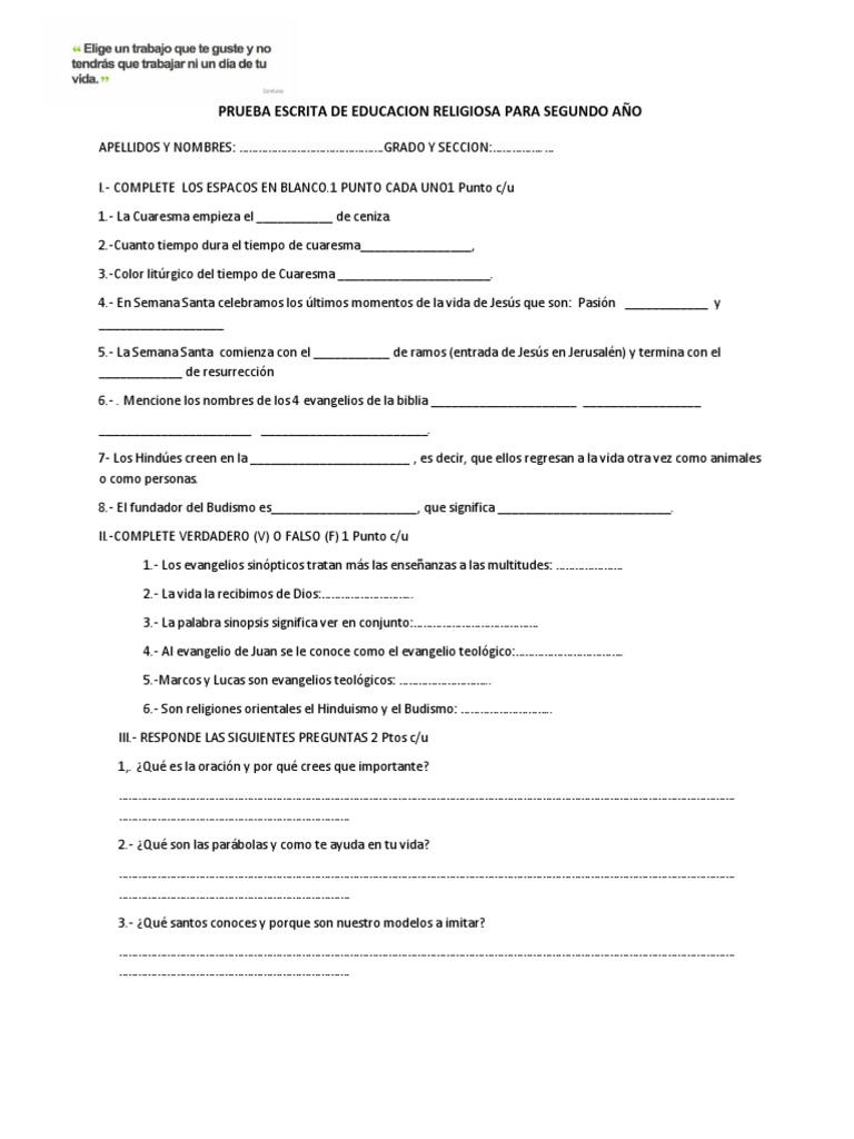 Examen de Religión Segundo Secundaria | PDF | Evangelios | Evangelio De ...