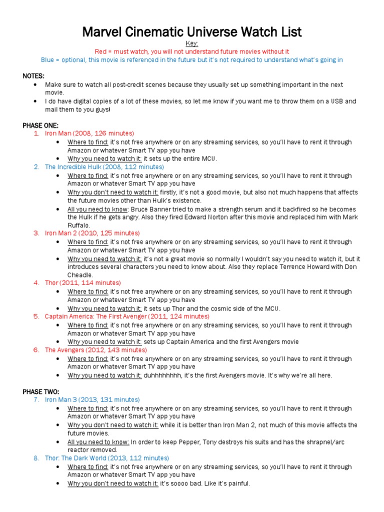 Marvel Cinematic Universe Watch Guide | PDF | Superhero Fiction ...