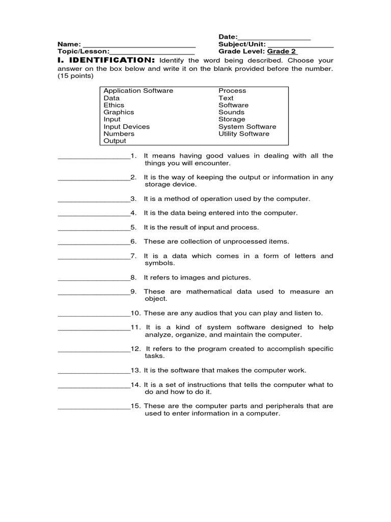 I. Identification Date Name Subject/Unit Topic/Lesson Grade