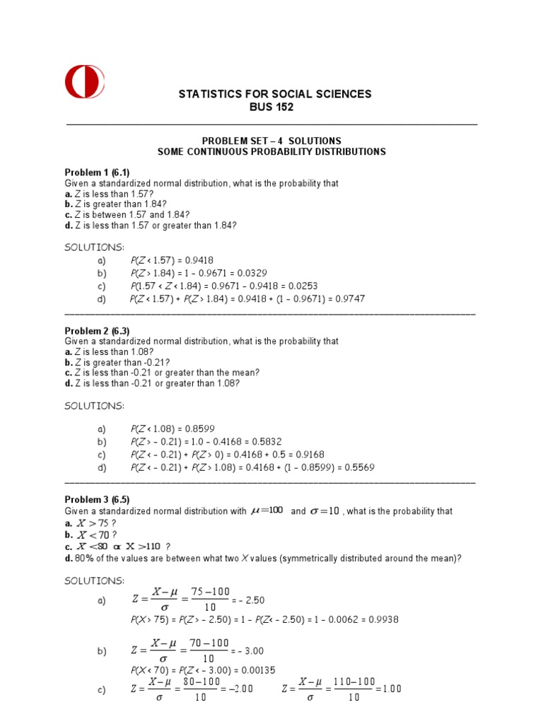 PROBLEM SET-4 Continuous Probability - Solutions | PDF | Normal ...