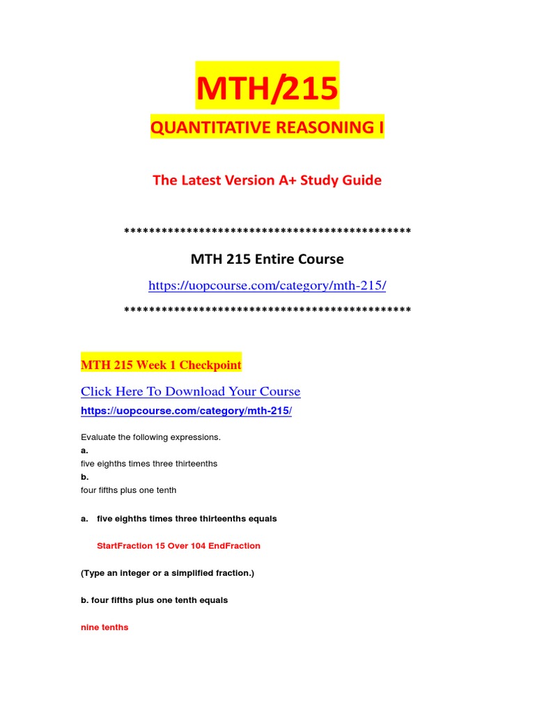 MTH 215 Quantitative Reasoning Guide | PDF | Derivative | Grain (Unit)