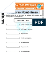 Ficha de Palabras Homonimas para Segundo de Primaria