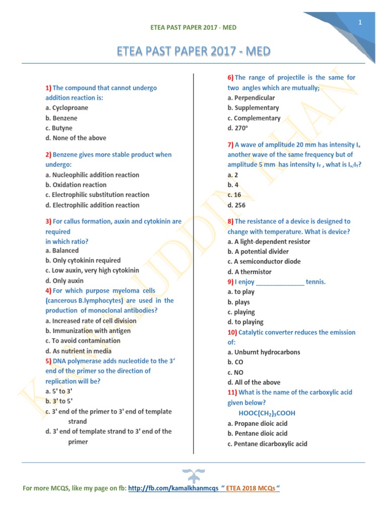 ETEA Past Paper 2017 MED Multiple Choice Questions from the Medical