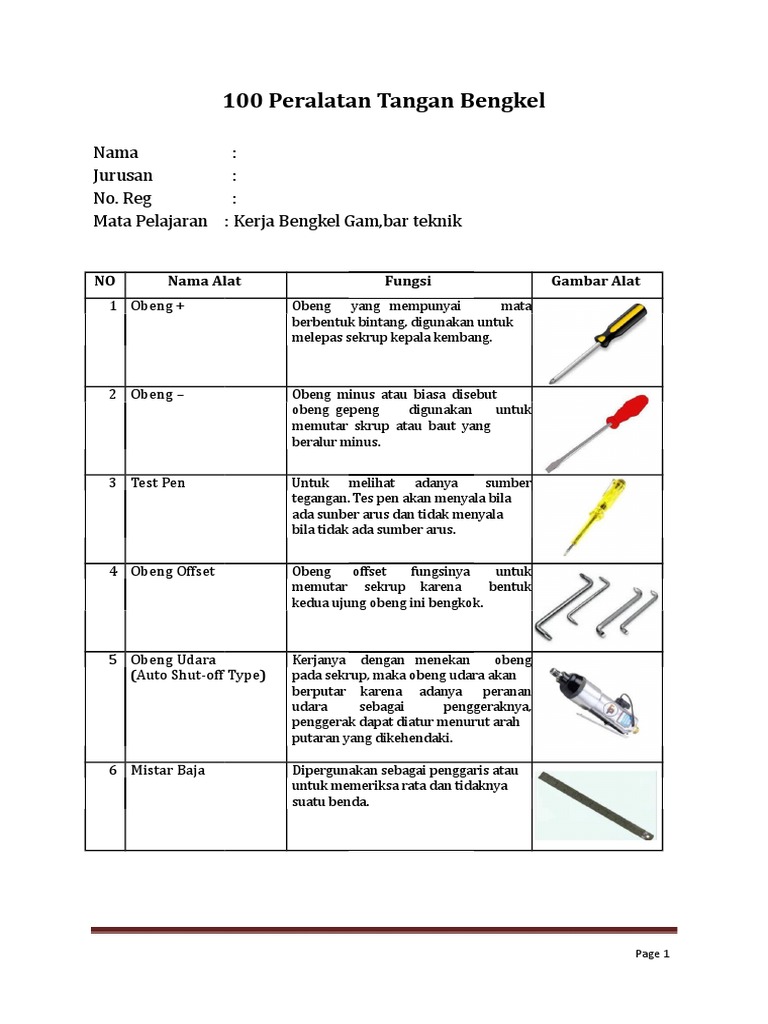 100 Peralatan Tangan Bengkel