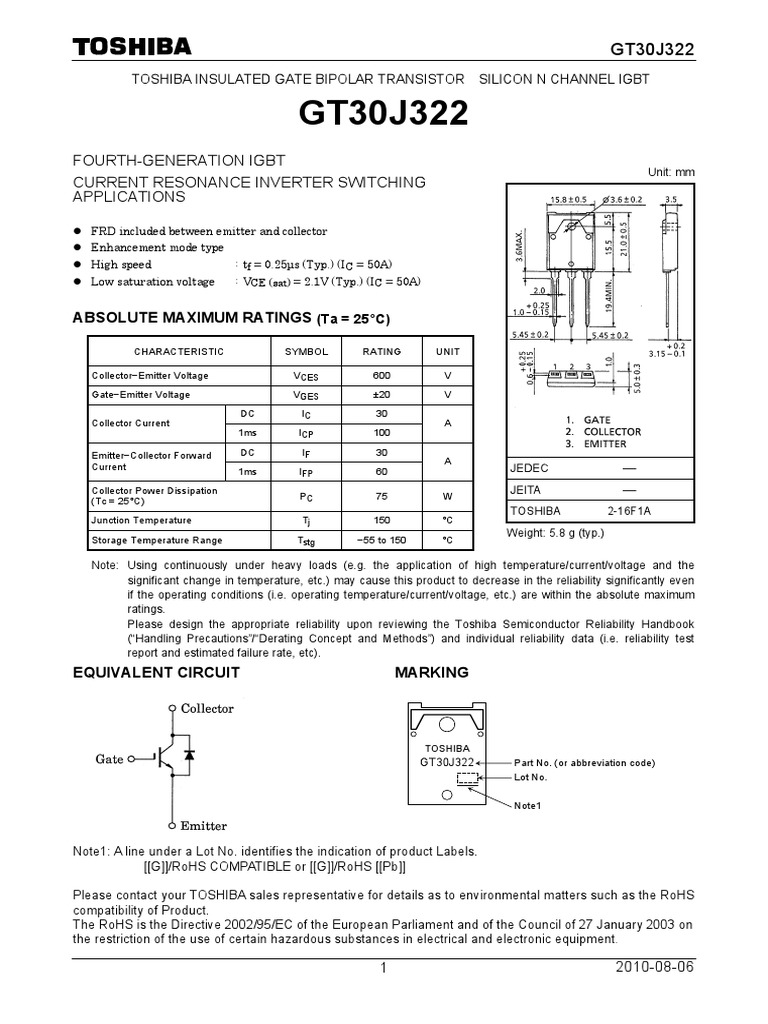 GT30J322 Toshiba Datasheet 13706702 PDF | Download Free PDF ...