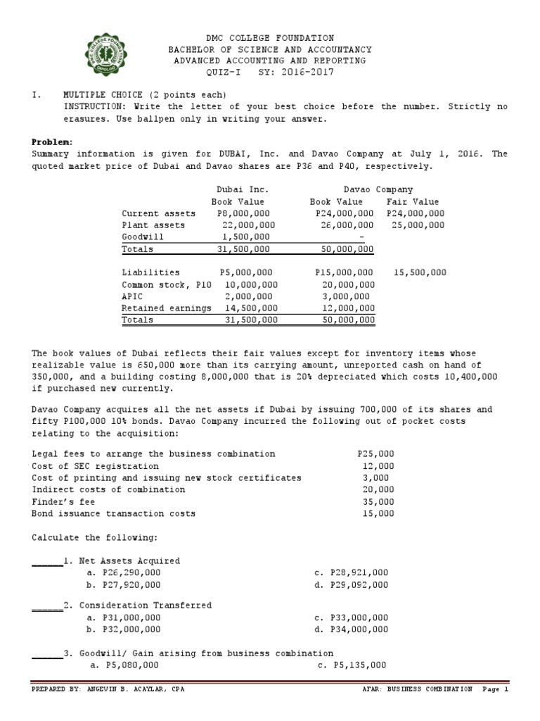 Business Combination. Quiz I Book Value Goodwill (Accounting)