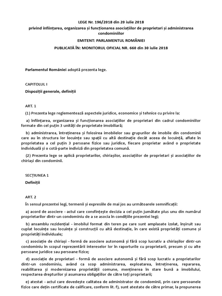 Legea 196 Din 2018 Privind Inființarea, Organizarea Si Functionarea