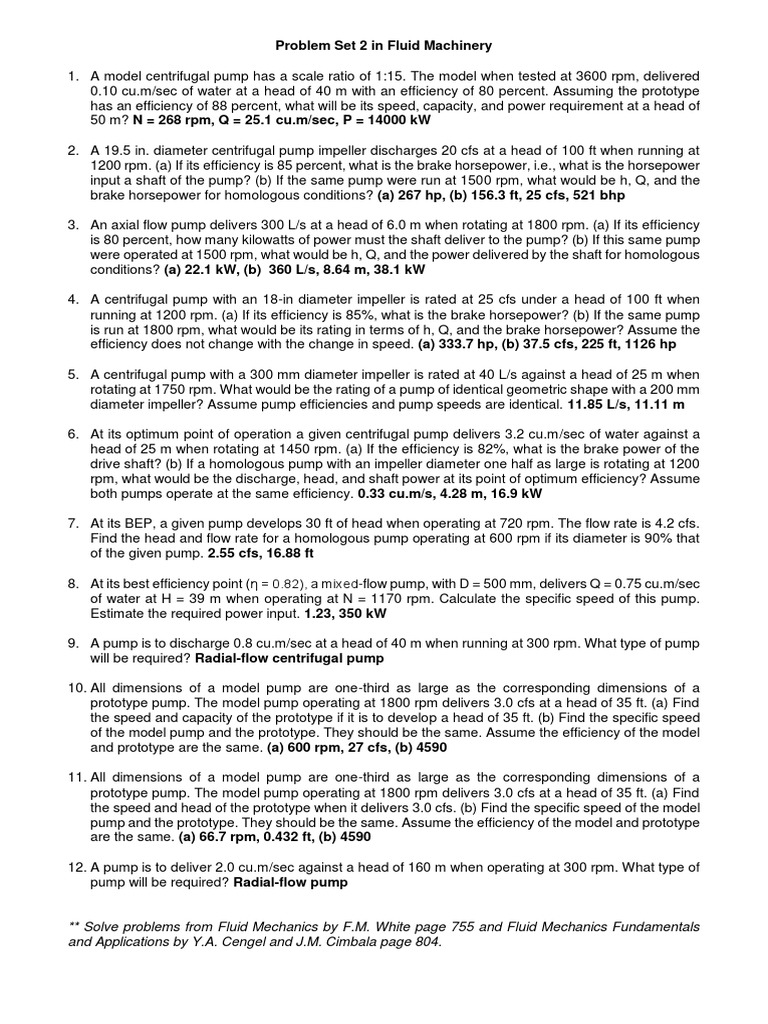 Problem Set 2 Fluid Machinery PDF Horsepower Pump