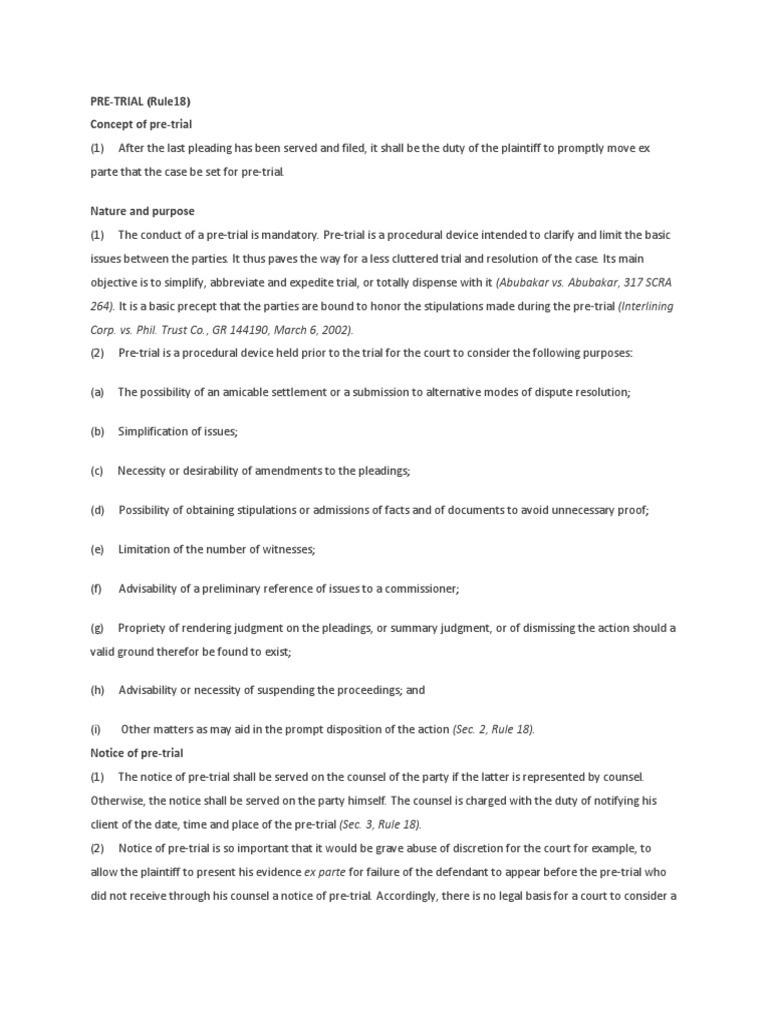 PRE TRIAL (Rule18) Concept of Pre Trial PDF Lawsuit Justice