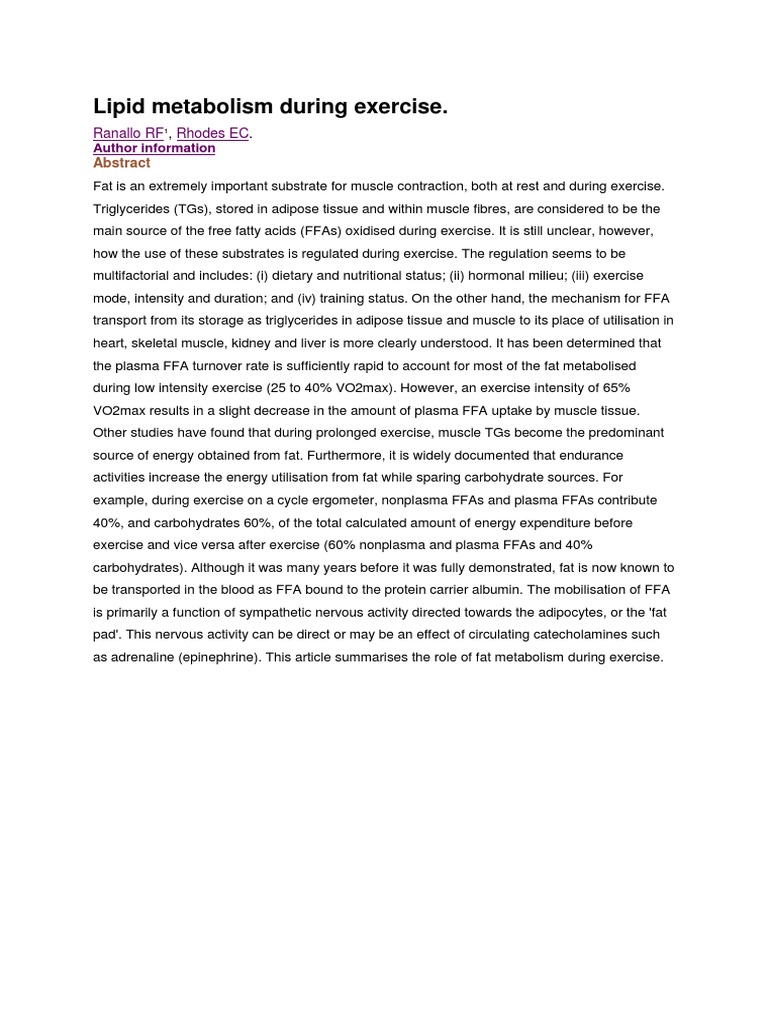 Lipid Metabolism in Exercise | PDF | Self-Improvement | Science ...