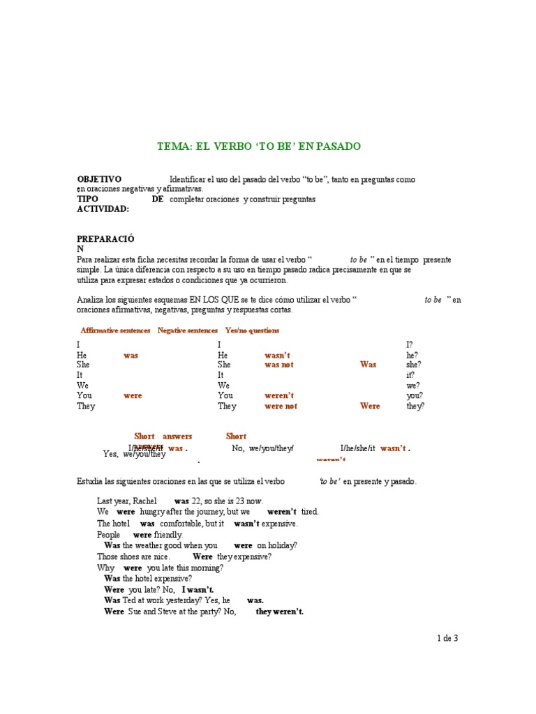 El Verbo to Be in Pasado | Linguistics | Grammar