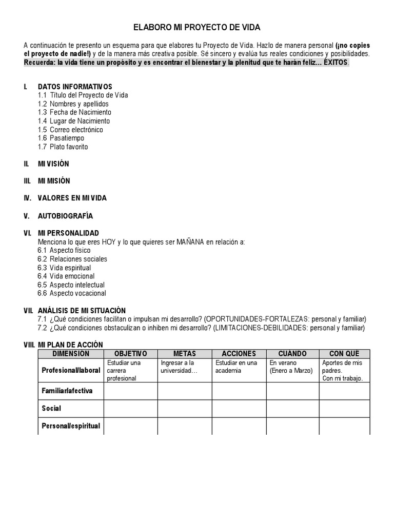 Esquema de Proyecto de Vida 5° Conceptos psicologicos