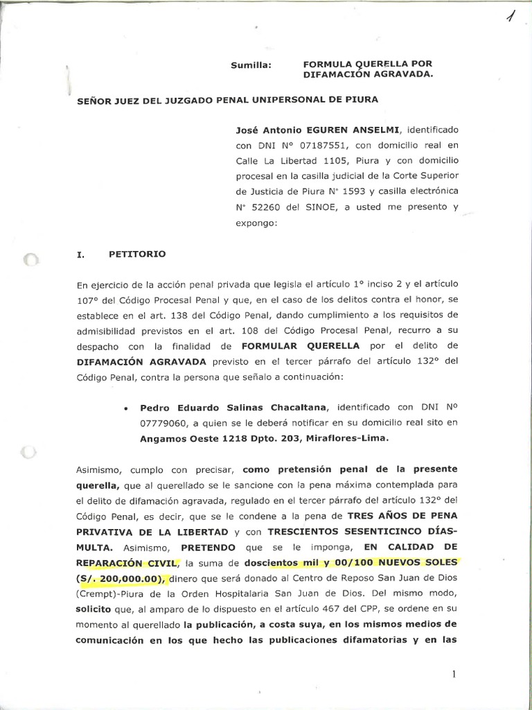 Querella de Eguren contra Pedro Salinas