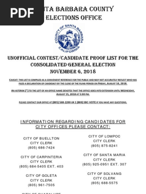 Santa Barbara County Elections Office Contest Candidate List Aug. 16, 2018