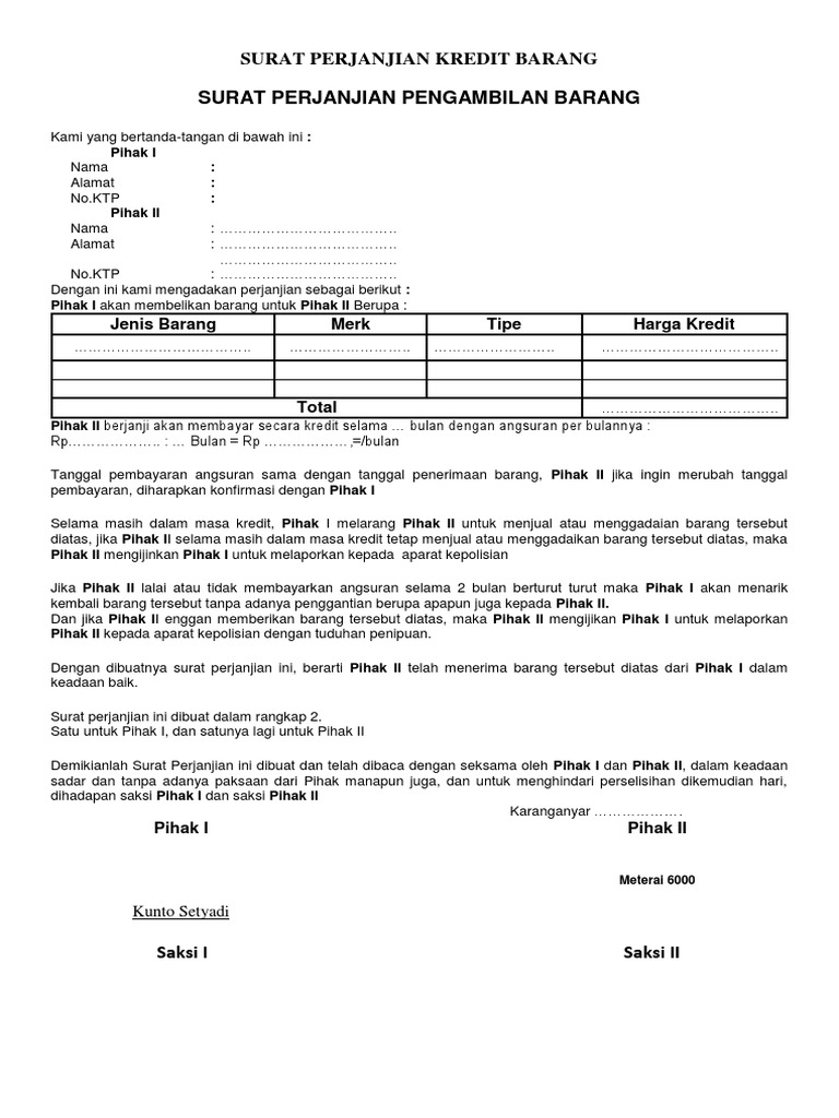 Surat Perjanjian Kredit Barang