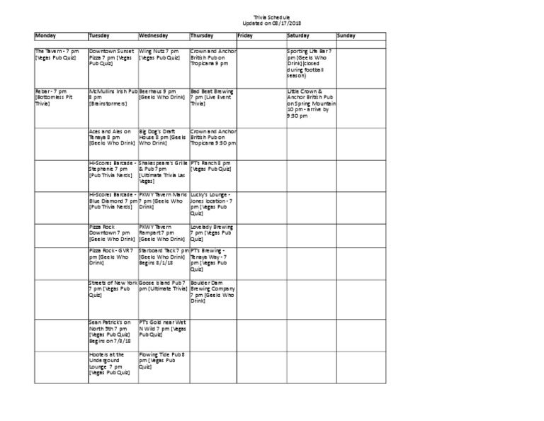 Weekly Trivia Nights Schedule | PDF