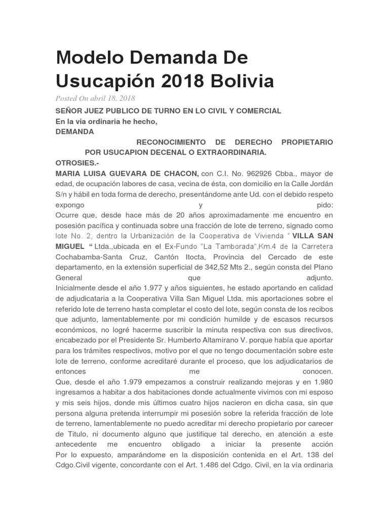 Demanda de Usucapión 2018 | PDF | Posesión (Ley) | Demanda judicial