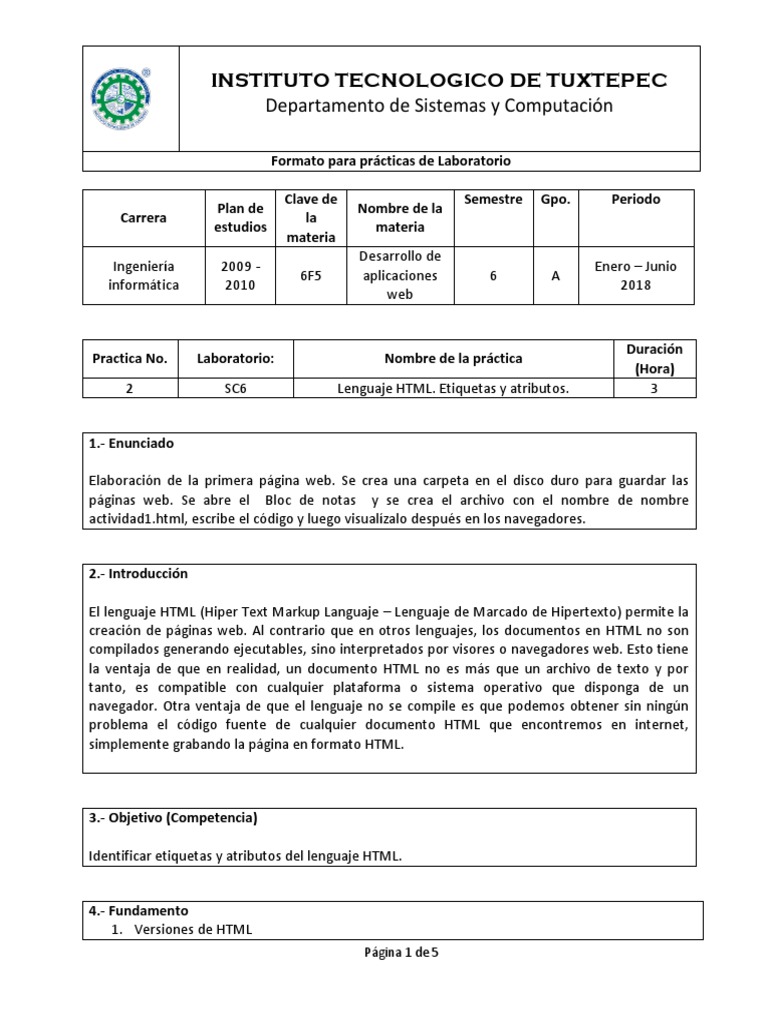 Practica 2 - Lenguaje HTML. Etiquetas y Atributos. | PDF | HTML ...