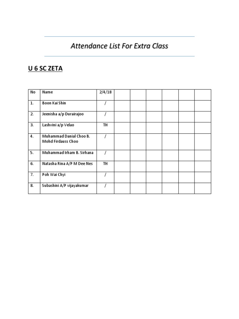 U6 SC ZETA Extra Class Attendance | PDF