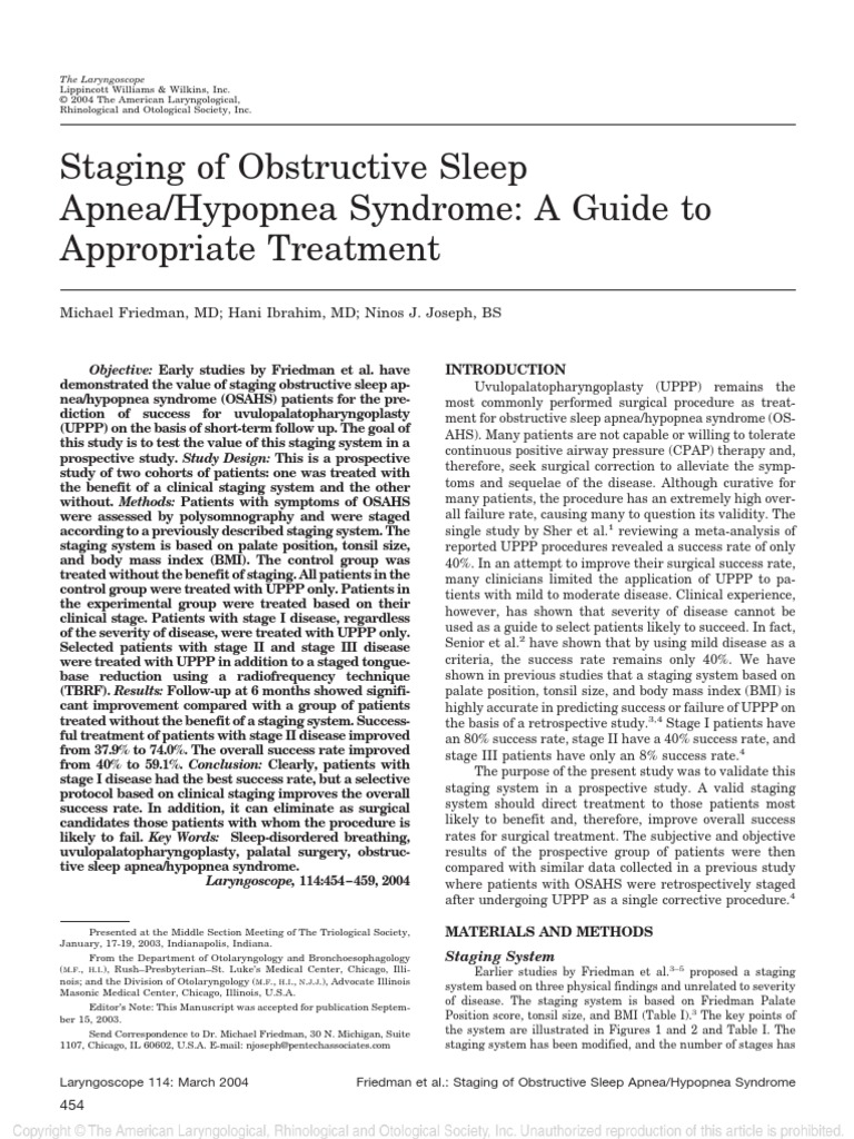 2004 Laryngoscope Friedman Staging of Snoring Snoring Sleep Apnea