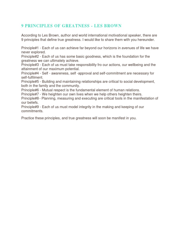 9 Principles of Greatness by Les Brown | PDF