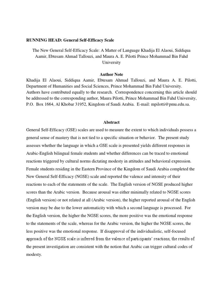 New General Self-Efficacy Scale Study | PDF