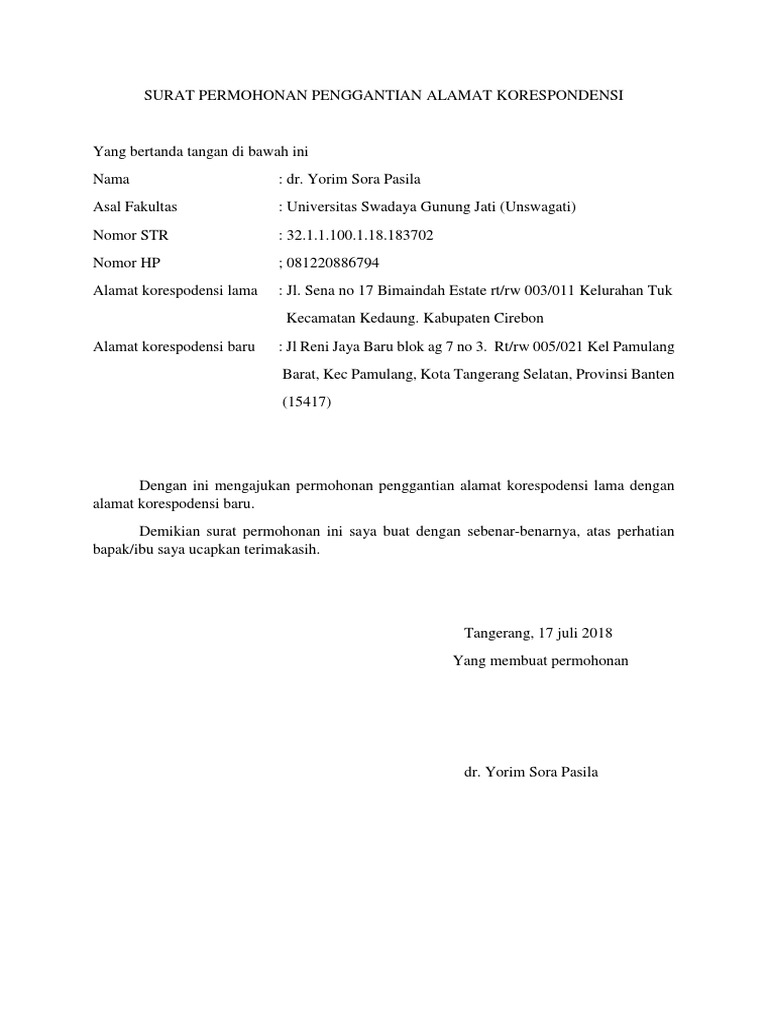 Surat Permohonan Penggantian Alamat Korespondensi