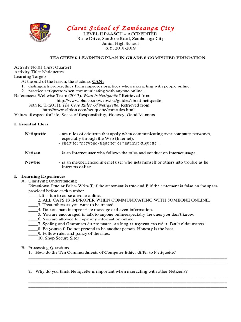 Netiquette Lesson Plan for Students | PDF | Etiquette | Human Communication