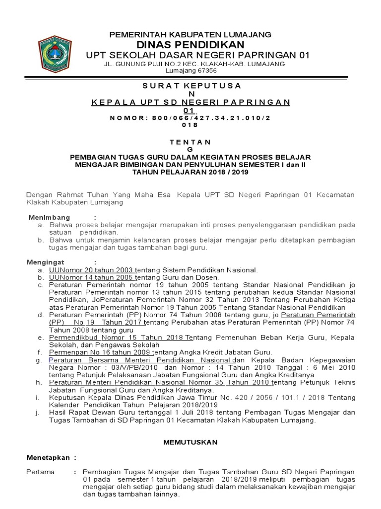 Contoh Sk Pembagian Tugas Tambahan Guru Sd Seputaran Guru