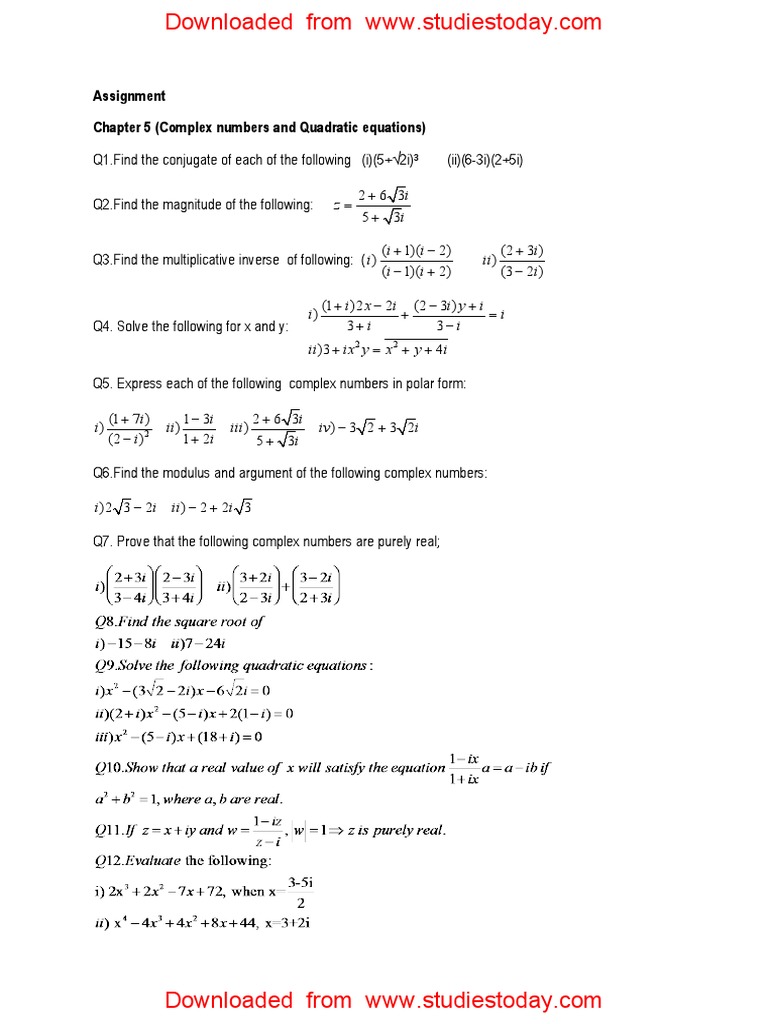 CBSE Class 11 Assignment For Complex Numbers and Quadratic Equations ...