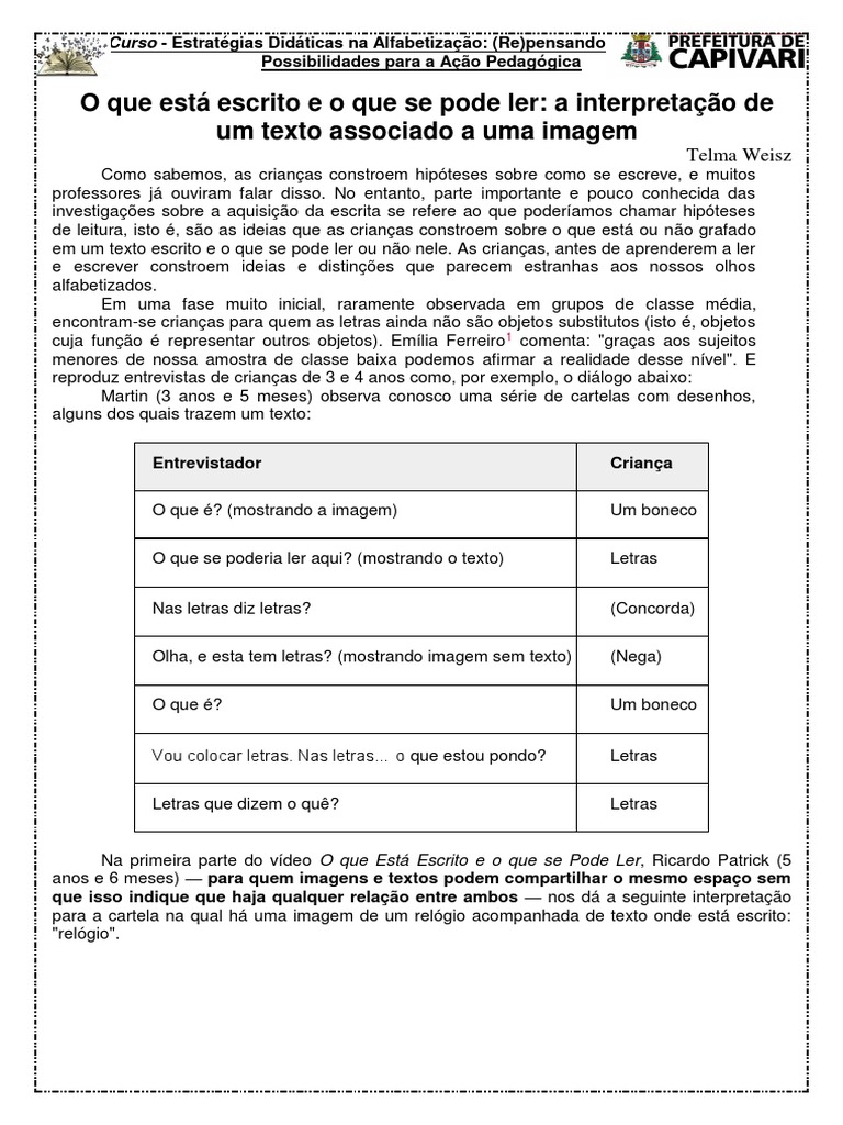 Hipóteses de Leitura na Alfabetização | PDF | Alfabetização | Leitura ...