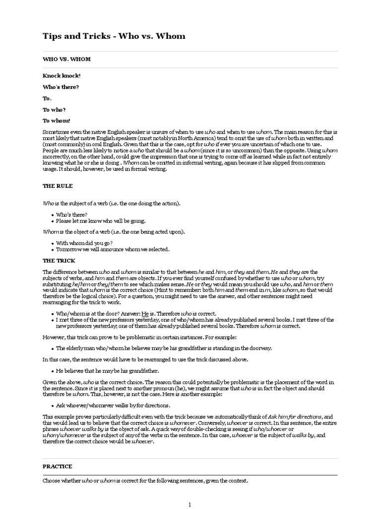 Tips and Tricks - Who vs. Whom | PDF | Subject (Grammar) | Morphology