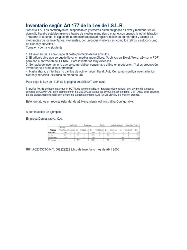Inventario Según Art 177 | PDF