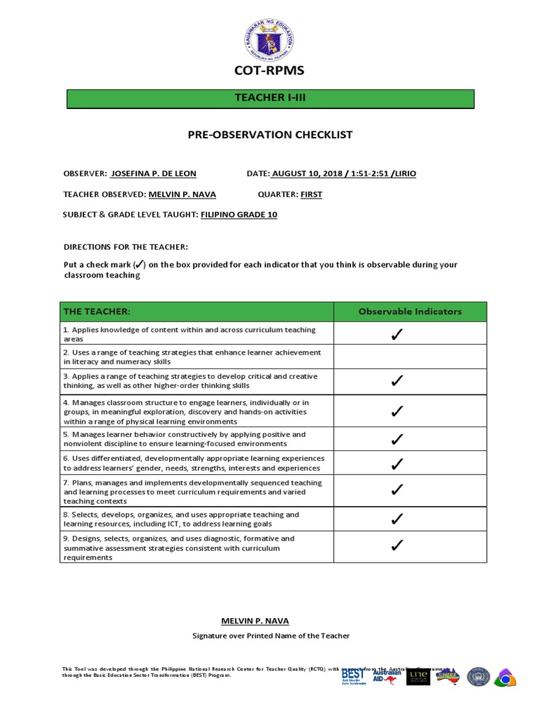 Observation Sheet For Practice Teaching
