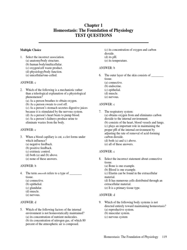 Homeostasis The Foundation of Physiology Test Questions Multiple